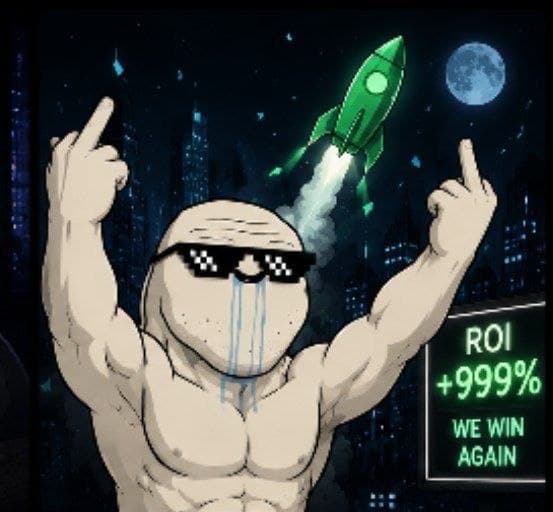 A brainlet in deal-with-it sunglasses throwing both middle fingers up as a green rocket climbs toward a full moon, beside a board reading ROI +999% WE WIN AGAIN.