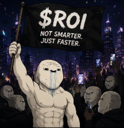 A crowd of brainlets at night with phones raised, one at the front holding a black flag reading $ROI — NOT SMARTER. JUST FASTER.