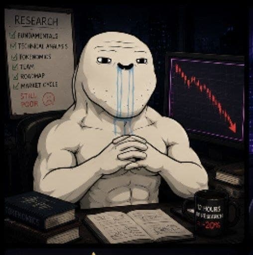 A brainlet hunched at a desk in tears, surrounded by a whiteboard of completed research, a book of tokenomics, and a monitor showing a chart of red candles falling.